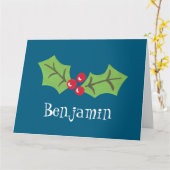 パーソナライズされたクリスマスホリー&ベリー カード (黄色い花)