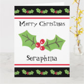 パーソナライズされたクリスマスホリー&ベリー カード (黄色い花)