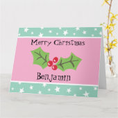 パーソナライズされたクリスマスホリー&ベリー カード (黄色い花)