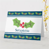 パーソナライズされたクリスマスホリー&ベリー カード (黄色い花)