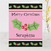 パーソナライズされたクリスマスホリー&ベリー カード (黄色い花)