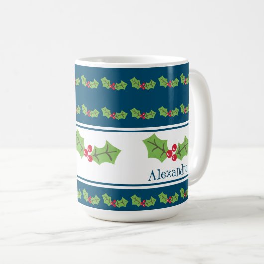 パーソナライズされたクリスマスホリー&ベリー コーヒーマグカップ (正面右)