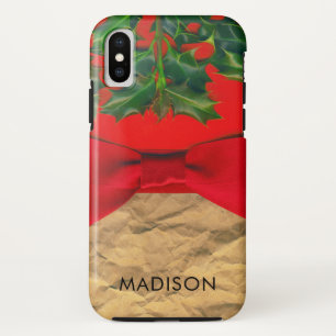 パーソナライズされたクリスマスホリ葉ーズとレッドボウ iPhone X ケース