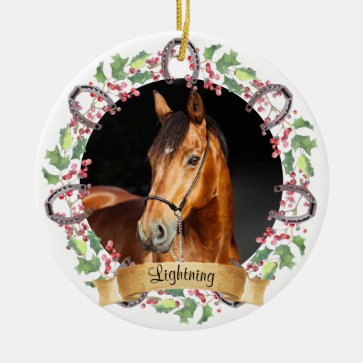 パーソナライズされたクリスマスホース写真 セラミックオーナメント (正面)