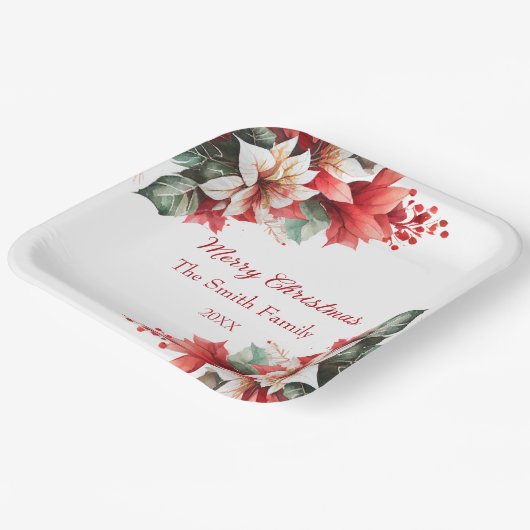 パーソナライズされたクリスマスポインセチア花 ペーパープレート (傾斜あり)