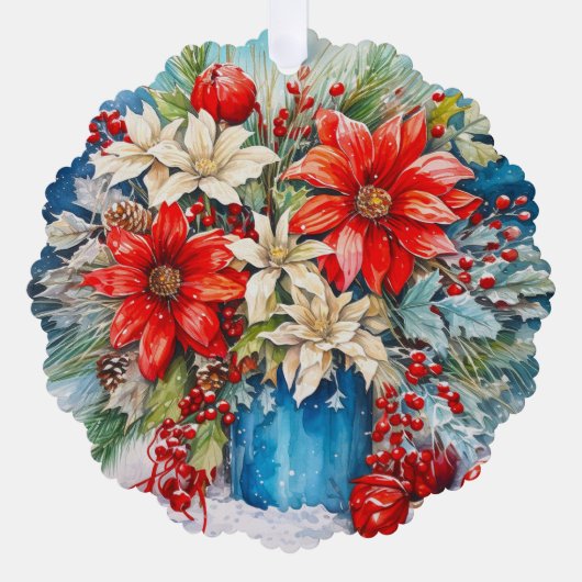 パーソナライズされたクリスマスポインセチア、ベリーブーケ オーナメントカード (正面)