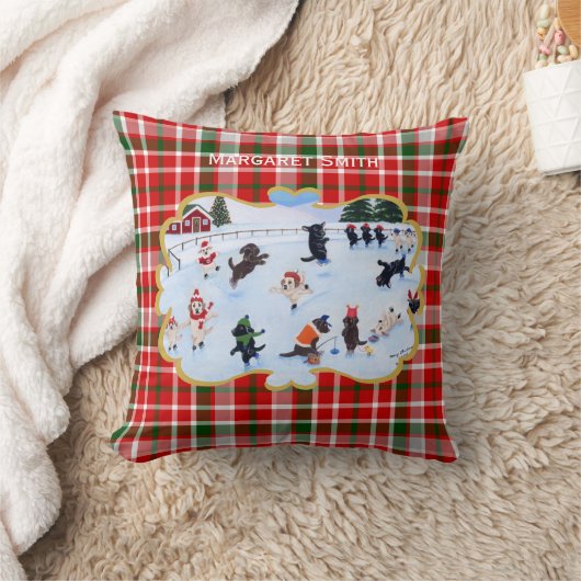 パーソナライズされたクリスマスラブラドール氷スケートで滑る クッション (ブランケット)