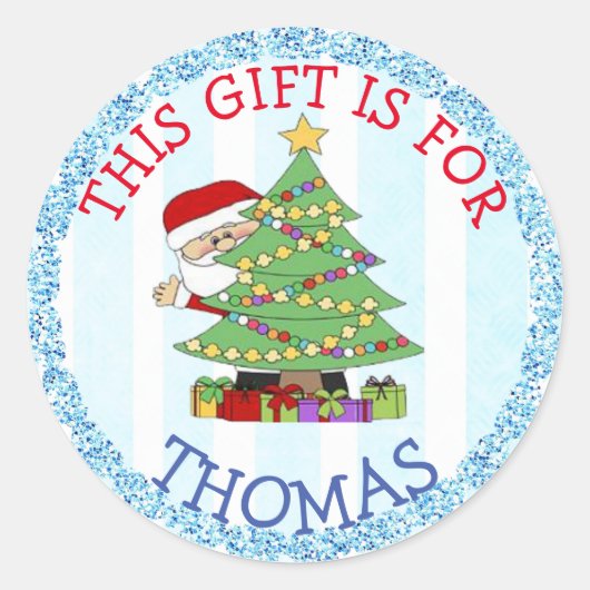 パーソナライズされたクリスマスラベルかわいいサンタとツリー ラウンドシール (正面)
