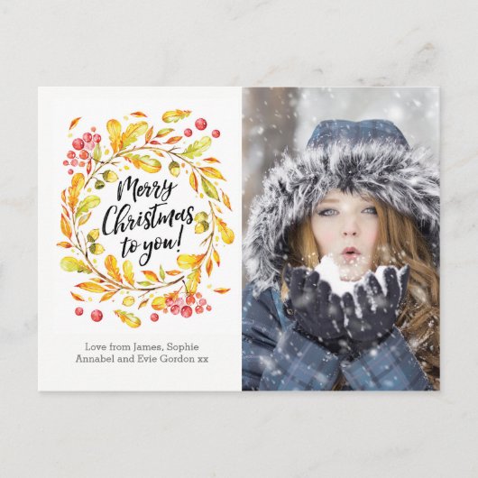 パーソナライズされたクリスマスリースフォトカードはがき シーズンポストカード (正面)