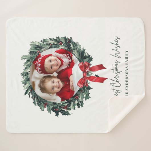 パーソナライズされたクリスマスリース写真&ネームホリデー シェルパブランケット (正面(横))