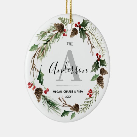 パーソナライズされたクリスマスリース名イニシャルファミリー セラミックオーナメント (右)