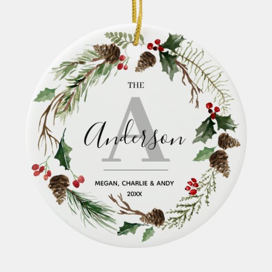パーソナライズされたクリスマスリース名イニシャルファミリー セラミックオーナメント (正面)