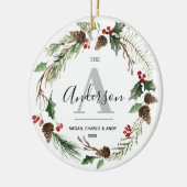 パーソナライズされたクリスマスリース名イニシャルファミリー セラミックオーナメント (左)
