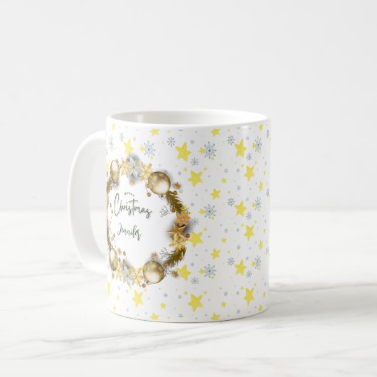 パーソナライズされたクリスマスリース金ゴールド コーヒーマグカップ (正面左)