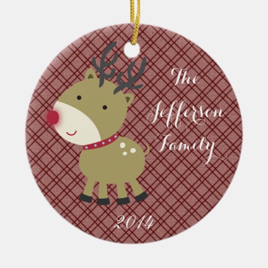 パーソナライズされたクリスマスルドルフレインファミリーオーナメント セラミックオーナメント (正面)