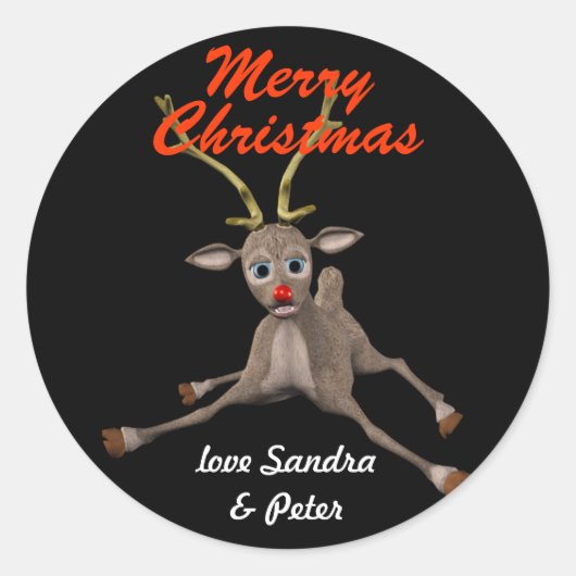 パーソナライズされたクリスマスルドルフ黒ギフトラベル ラウンドシール (正面)