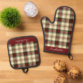 パーソナライズされたクリスマスレッド緑の格子模様 鍋つかみ&鍋敷きセット (トップダウン)