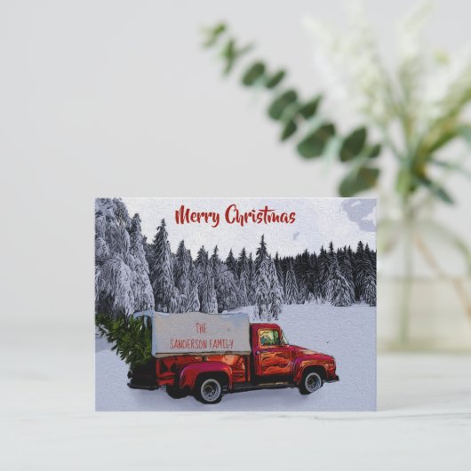 パーソナライズされたクリスマスヴィンテージレッドトラック シーズンポストカード (スタンド正面)