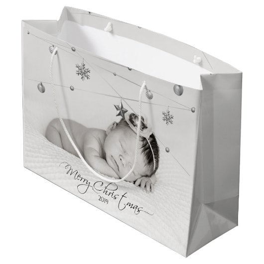 パーソナライズされたクリスマス写真と書道 ラージペーパーバッグ (裏面アングル)