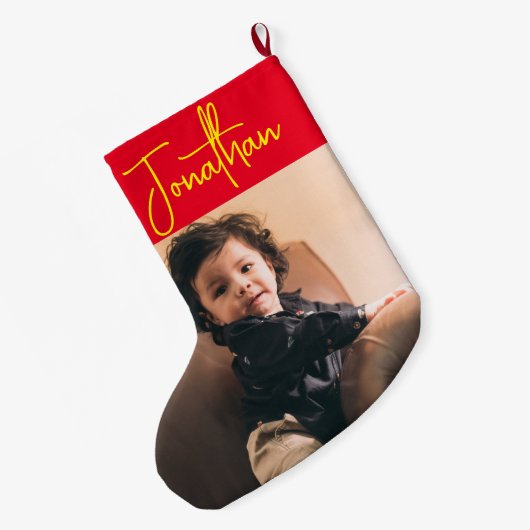 パーソナライズされたクリスマス写真ストッキング、ベビー写真 ラージクリスマスストッキング (裏面 (吊り時))