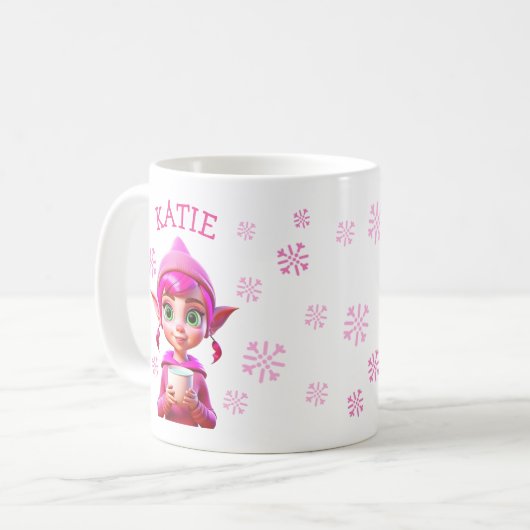 パーソナライズされたクリスマス小妖精や小人ピンクスノーフレークスホリデー コーヒーマグカップ (正面左)
