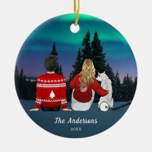 パーソナライズされたクリスマス母パパドッグファミリー セラミックオーナメント (正面)