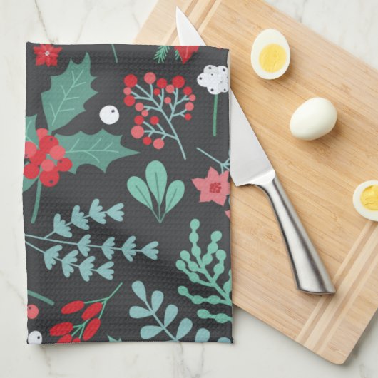 パーソナライズされたクリスマス花柄の苗字 キッチンタオル (四つ折り)