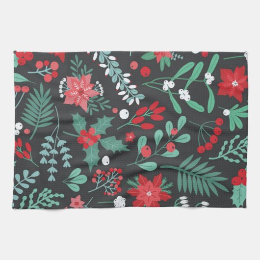 パーソナライズされたクリスマス花柄の苗字 キッチンタオル (横)