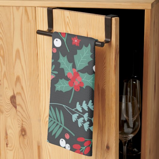 パーソナライズされたクリスマス花柄の苗字 キッチンタオル (三つ折り)