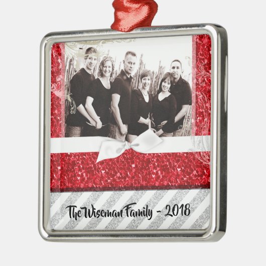 パーソナライズされたクリスマス赤グリッターフォトオーナメント メタルオーナメント (左)