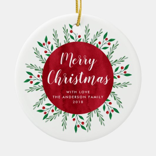 パーソナライズされたクリスマス赤水カラーフローラ セラミックオーナメント (正面)