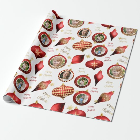 パーソナライズされたクリスマス赤金ゴールドフォトオーナメント ラッピングペーパー (アンロールド)