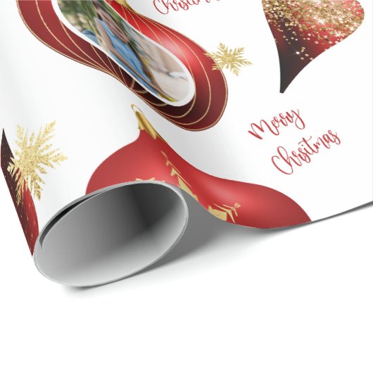 パーソナライズされたクリスマス赤金ゴールドフォトオーナメント ラッピングペーパー (ロールコーナー)