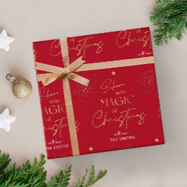 パーソナライズされたクリスマス金ゴールド書名Red ラッピングペーパー