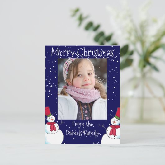 パーソナライズされたクリスマス雪だるま写真 ポストカード (スタンド正面)