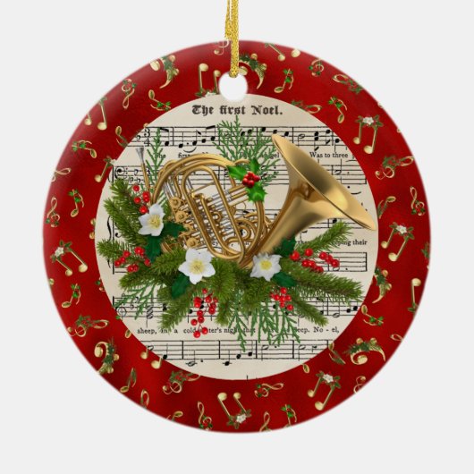 パーソナライズされたクリスマス音楽フランスのの角 セラミックオーナメント (裏面)
