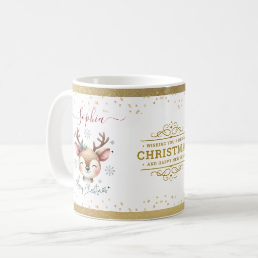 パーソナライズされたクリスマス鹿顔 コーヒーマグカップ (正面左)