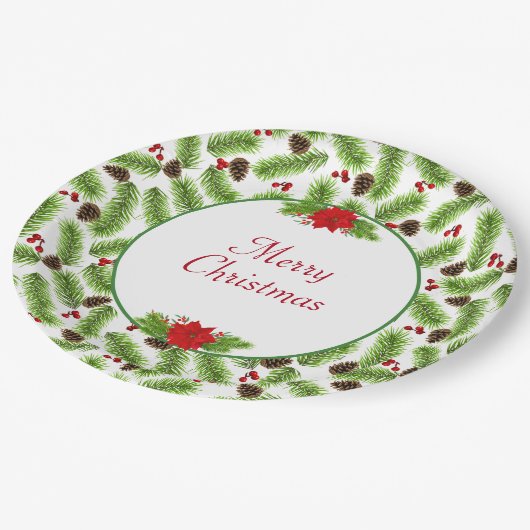 パーソナライズされたクリスマス・ピネコーン&レッド・ベリー ペーパープレート (アングル)
