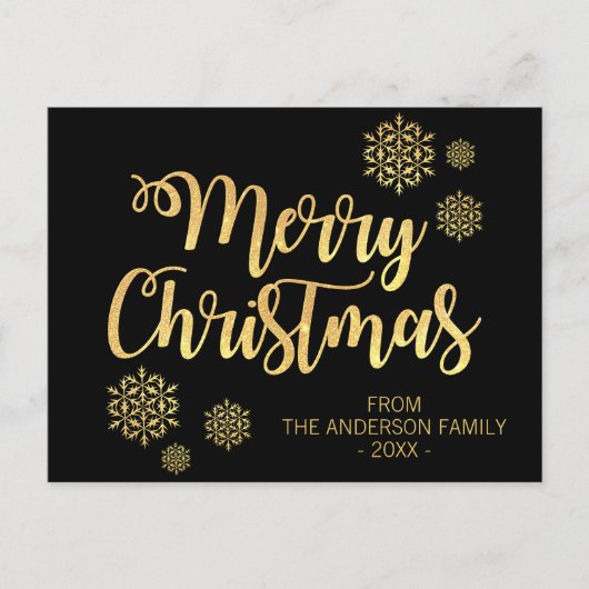 パーソナライズされたクリスマス ブラック ゴールド グリッター シーズンポストカード (正面)