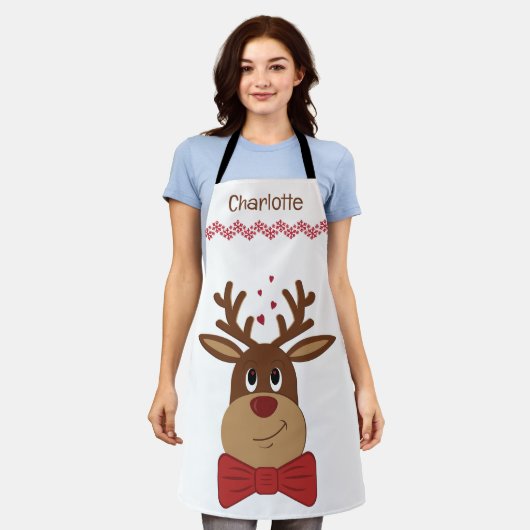 パーソナライズされたクリスマス・ラブ・トナカイ エプロン (着用した状態)