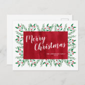 パーソナライズされたクリスマス 赤い水彩花 シーズンポストカード (正面/裏面)