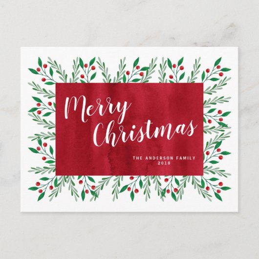パーソナライズされたクリスマス 赤い水彩花 シーズンポストカード (正面)