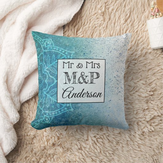 パーソナライズされたグラデーション青結婚曼荼羅の枕 クッション (ブランケット)