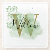 パーソナライズされたグリーンウォーターの色とフローライニシャル ガラスコースター (正面)