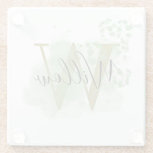 パーソナライズされたグリーンウォーターの色とフローライニシャル ガラスコースター (裏面)