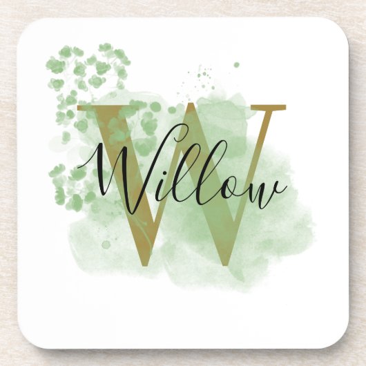 パーソナライズされたグリーンウォーターの色とフローライニシャル コースター (正面)