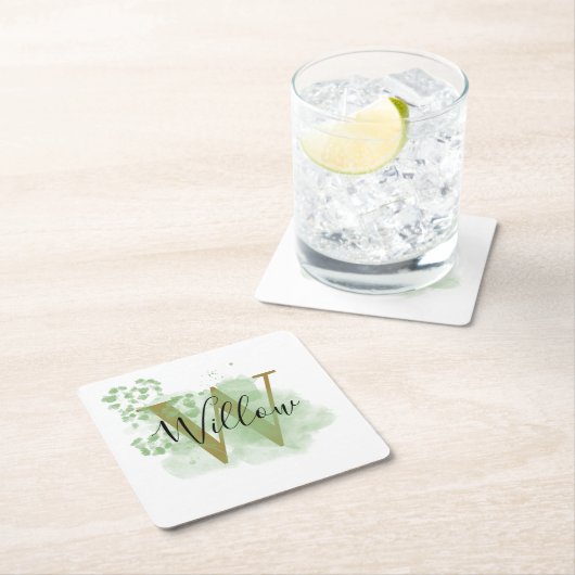 パーソナライズされたグリーンウォーターの色とフローライニシャル スクエアペーパーコースター (インサイチュ)