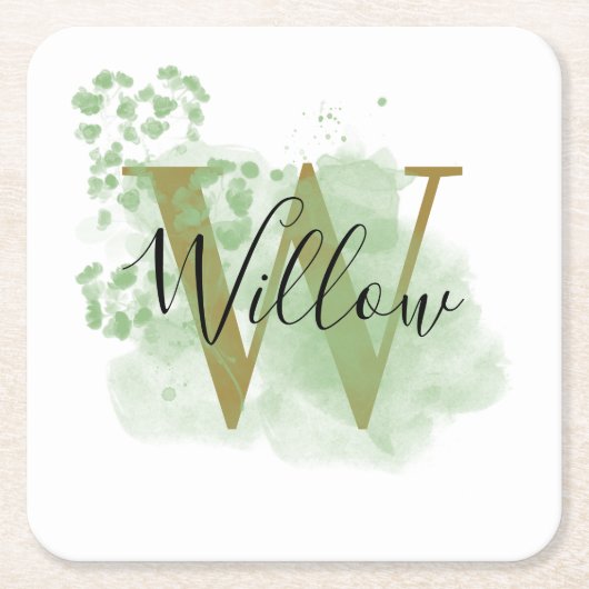 パーソナライズされたグリーンウォーターの色とフローライニシャル スクエアペーパーコースター (正面)