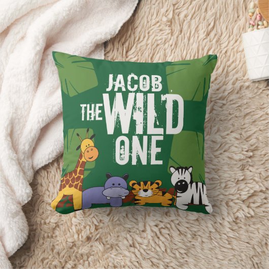 パーソナライズされたグリーンサファリジャングル動物 クッション (ブランケット)