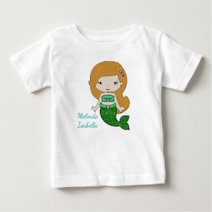 パーソナライズされたグリーンマーメイドベビードレス ベビーTシャツ